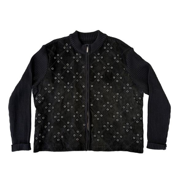 Robert Louis Grommet Studded Suede Knit Bomber Jacket | Rivet Edgy | Black Sz 2X - Picture 6 of 6